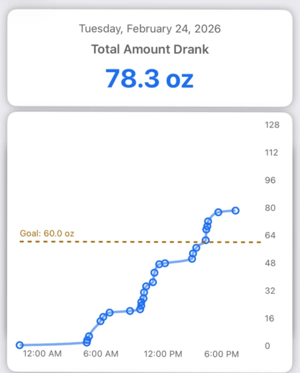 The Sponge app showing a day's intake: 78.3 oz total, plotted as a rising line that crosses a dashed 60 oz goal line in the early evening