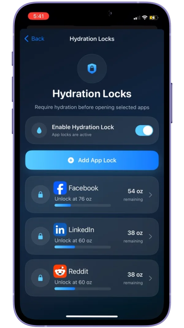 The Sponge app's Hydration Locks screen, with Facebook, LinkedIn and Reddit each locked until a set amount of water is reached