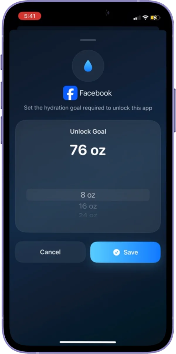 Sponge app showing hydration progress