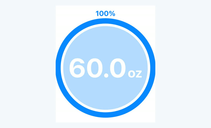 The Sponge app showing a full progress ring at 60.0 oz, 100% of the daily goal